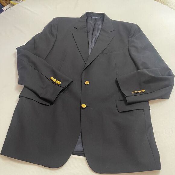 Brooks Brothers Brooksease Loro Piana Navy Blue Wool Gold Button Blazer Size 44L - Picture 1 of 10